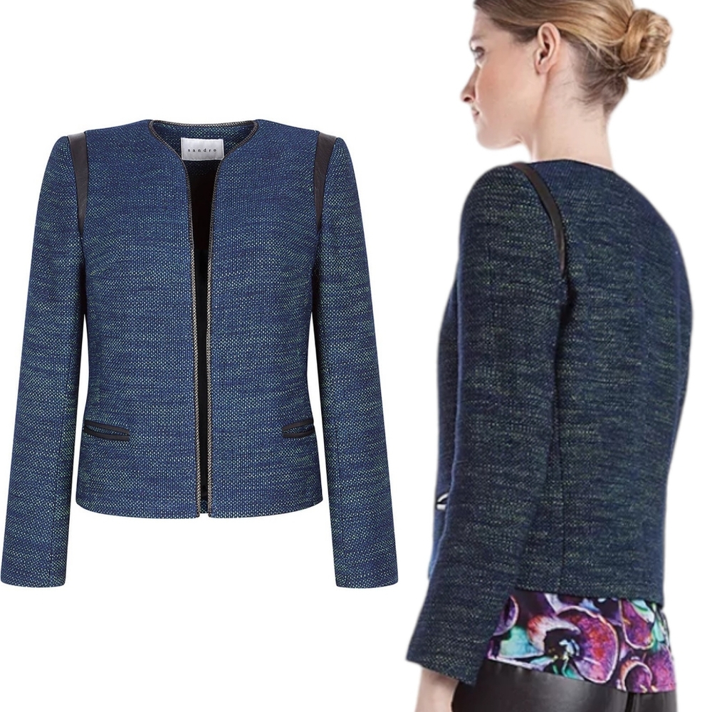 Sandro Valentin Tweed Leather Shoulder Detail Open Jacket Size 36